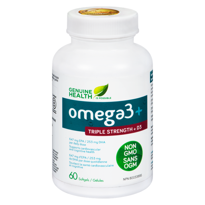 Omega3+ Triple Strength + D3 - 647 mg EPA, 253 mg DHA, 1,000 IU Vitamin D3 - 60 soft gels